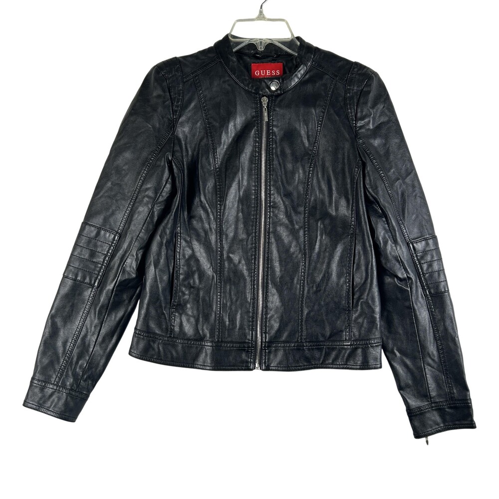 Guess Jacket Womens Medium Black Faux Leather Moto Biker Zip Front Collar